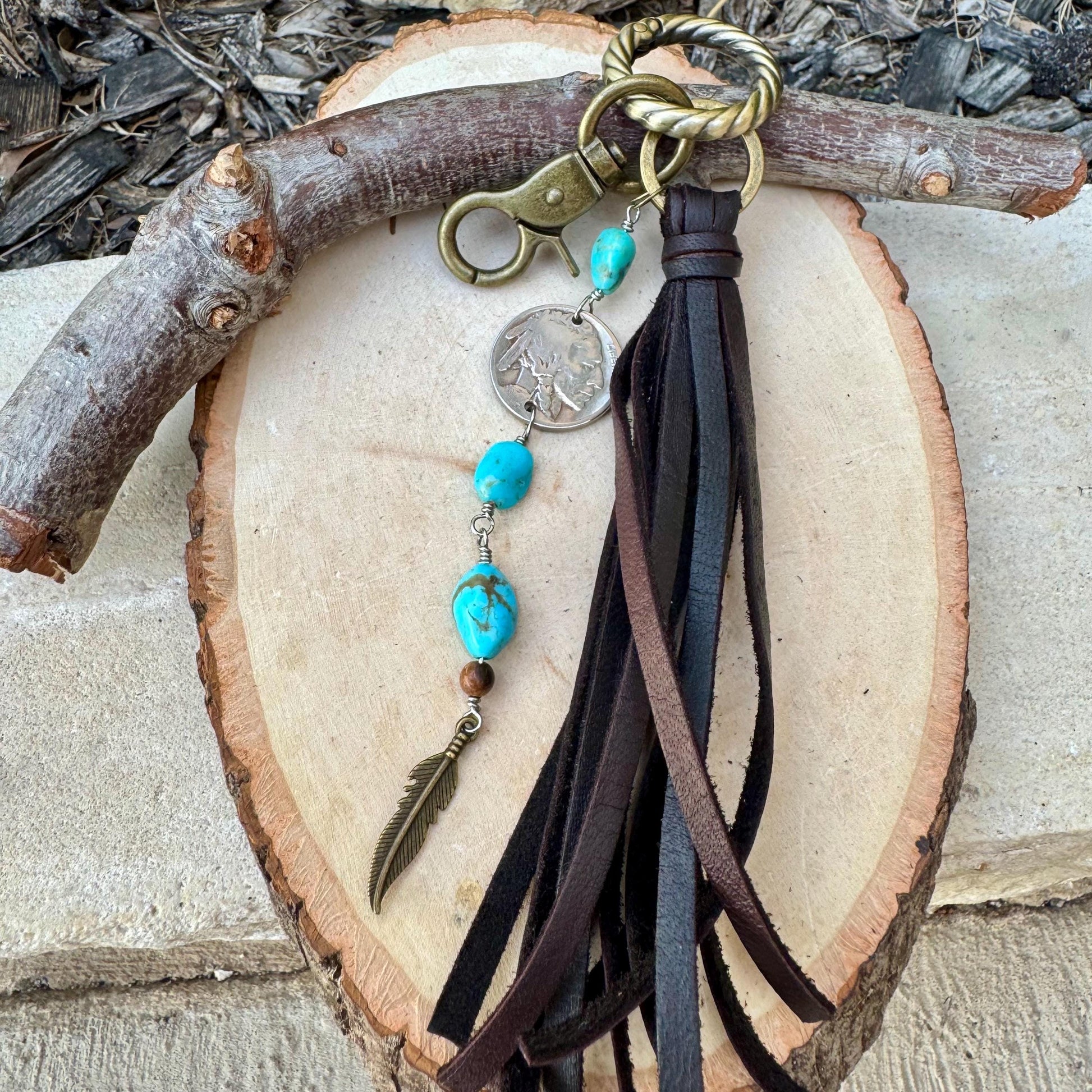 Leather Turquoise Purse Tassel Keychain with Indian Head Buffalo Nickel