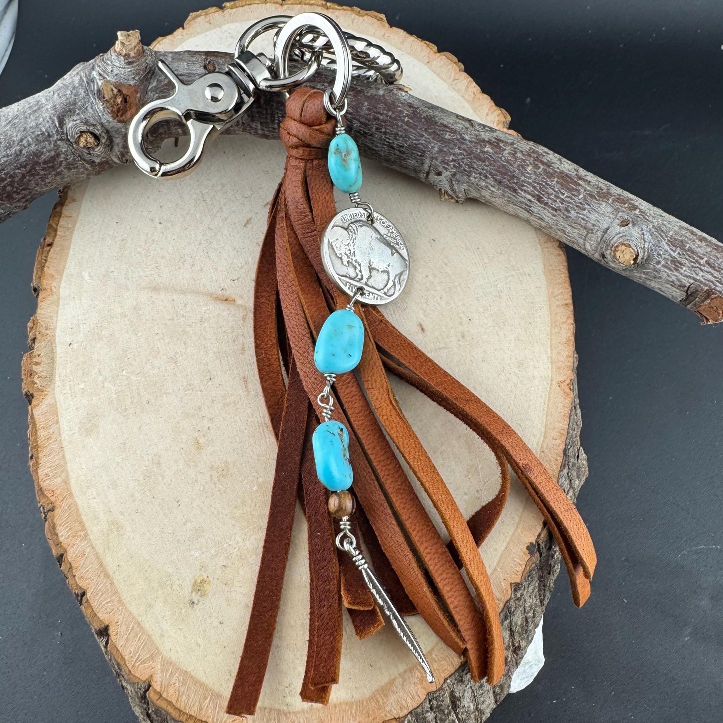 Leather Turquoise Purse Tassel Keychain with Indian Head Buffalo Nickel