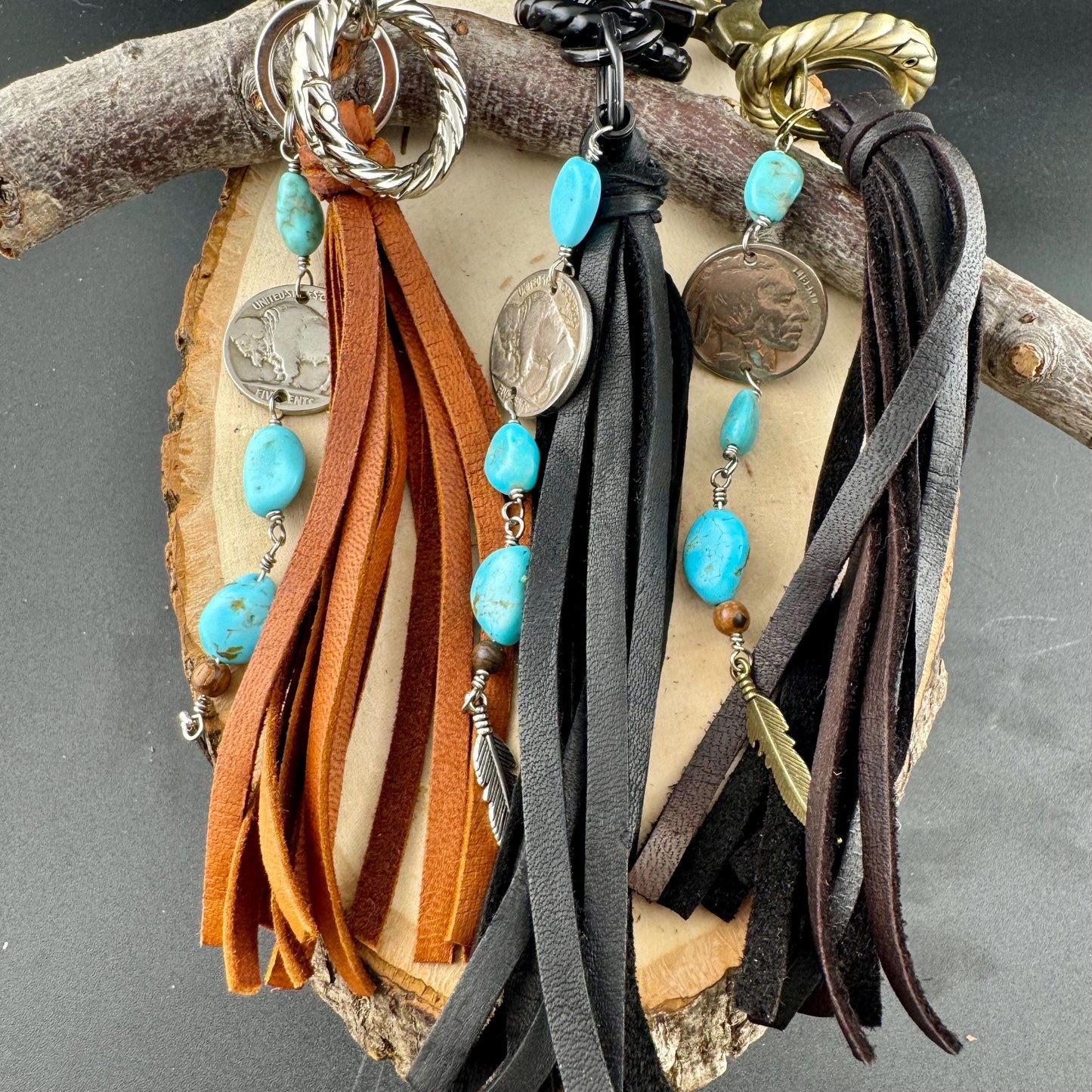 Leather Turquoise Purse Tassel Keychain with Indian Head Buffalo Nickel