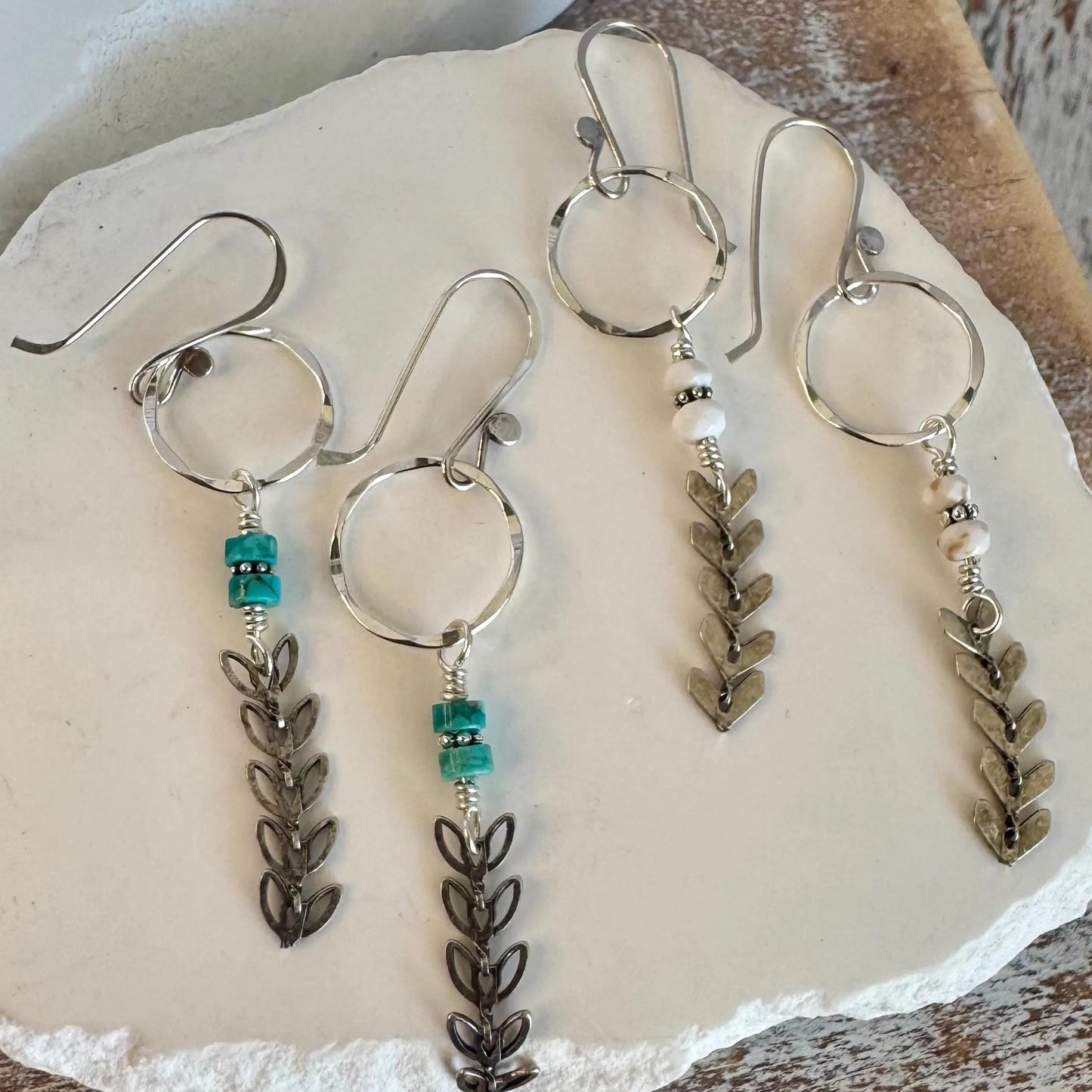 Sterling Silver Chevron Chain Circle Earrings – Turquoise & White Turquoise Options