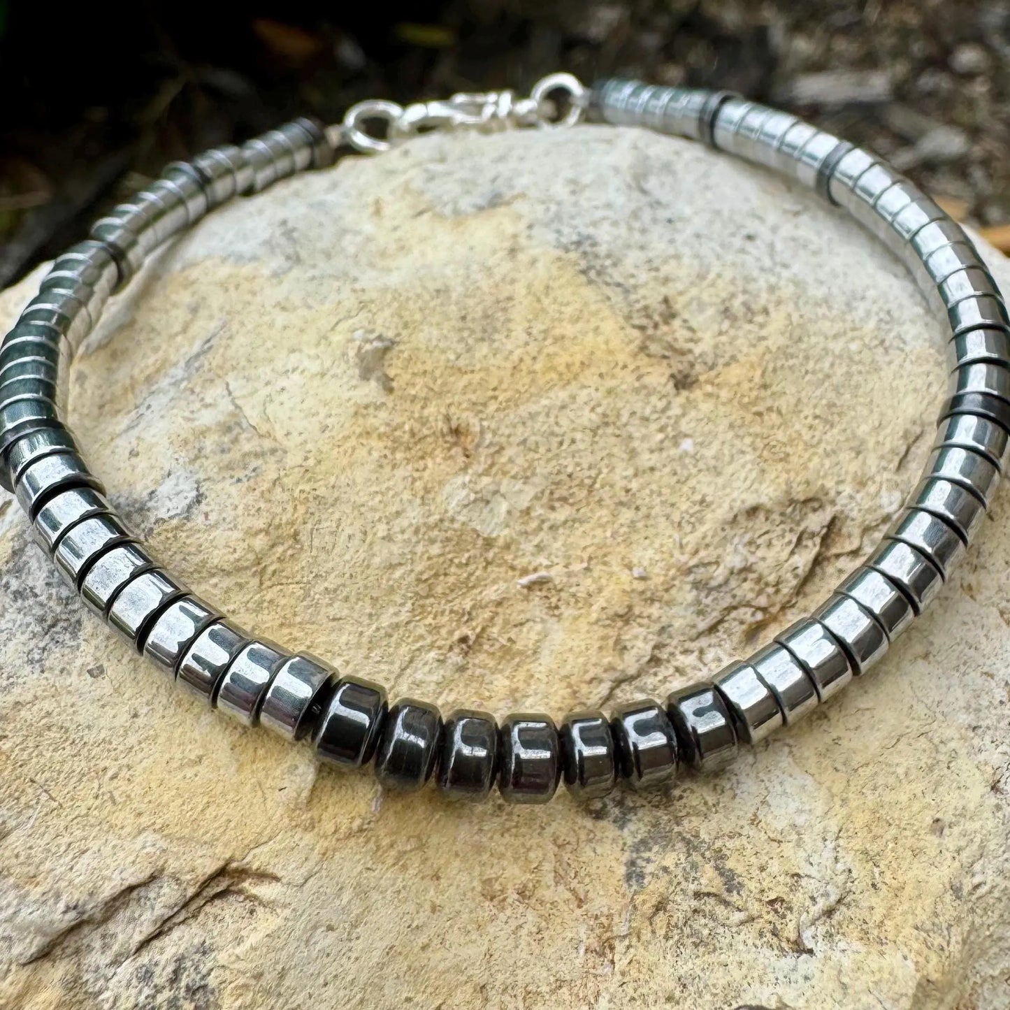 Hematite Bracelet – Unisex Sterling Silver Accent, AAA Grade Natural Stone, Stackable & Handmade