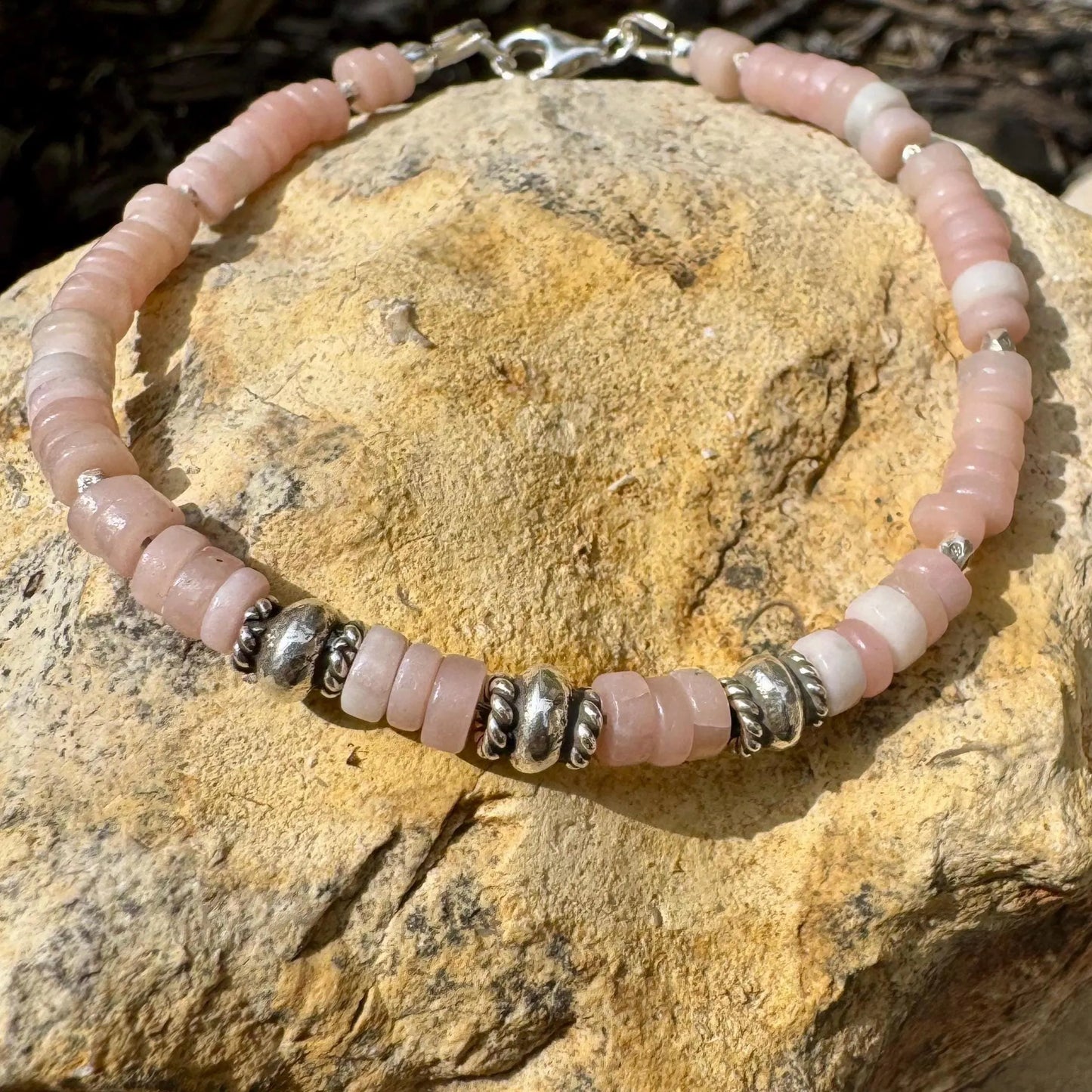 Pink Opal Sterling Silver Bracelet – Calming Gemstone Jewelry | Stackable & Handcrafted