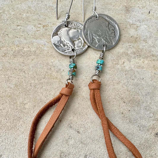 Indian Head Buffalo Nickel Earrings, Deerskin Leather Earrings, Turquoise Gemstone Jewelry, Leather Earrings, Bohemian Style
