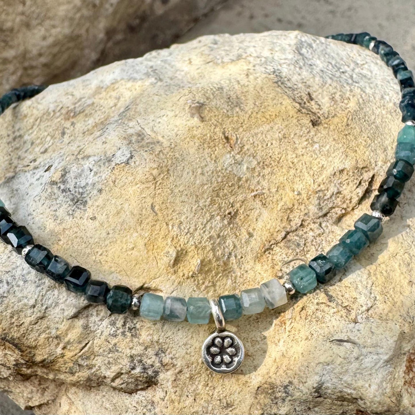 Sterling Silver Flower Charm Anklet with Paraiba Blue Tourmaline