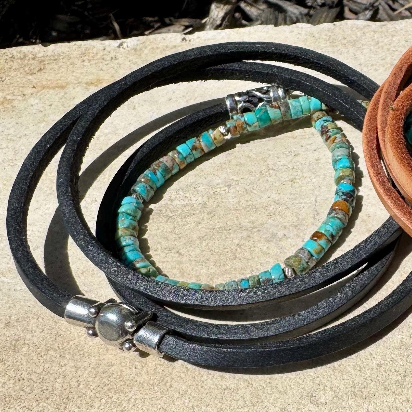 Turquoise Leather Wrap Bracelet with Silver Magnetic Clasp