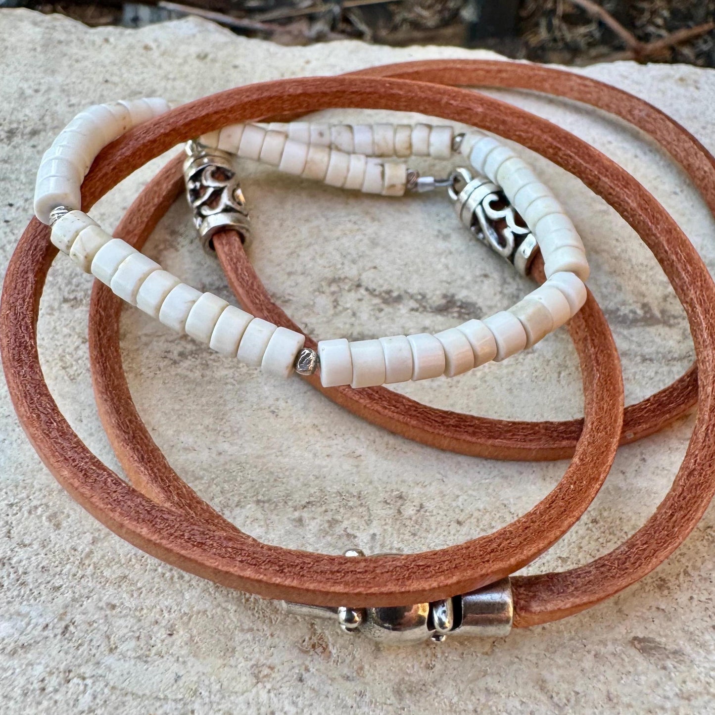 Sterling Silver Wrap Bracelet, White Turquoise Gemstone Bracelet, Leather Jewelry, Genuine Leather Gift, Stylish Wristwear