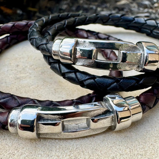 Stylish Braided Leather Wristband with Stainless Steel Shackle - Magnetic Clasp for Men & Women