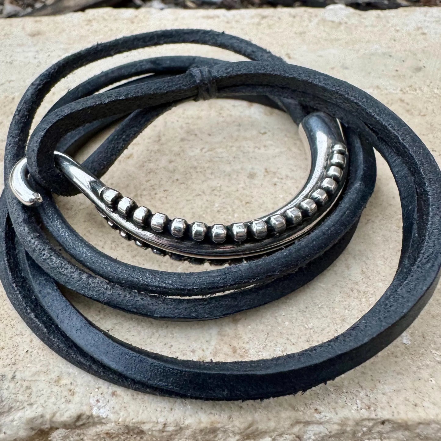 Silver Half Cuff & Square Leather Multi Wrap Bracelet | Artisan Jewelry