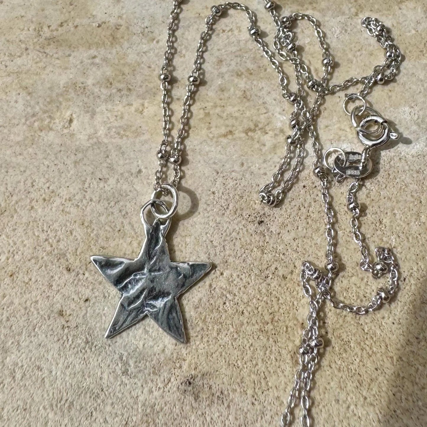 Sterling Silver Star Pendant Necklace – Hammered Charm, Delicate Satellite Chain