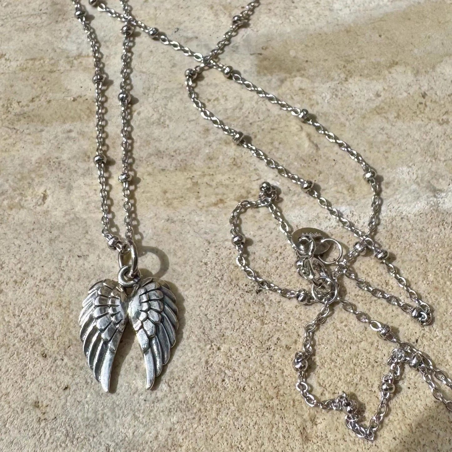 Sterling Silver Angel Wing Pendant Necklace – Dainty Satellite Chain