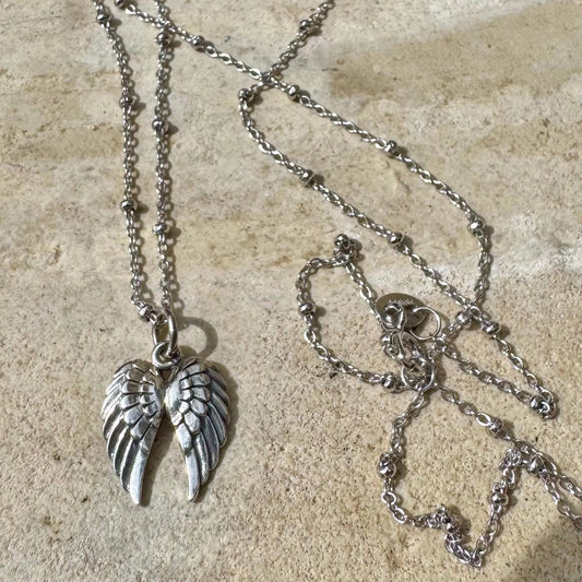 Sterling Silver Angel Wing Pendant Necklace – Dainty Satellite Chain