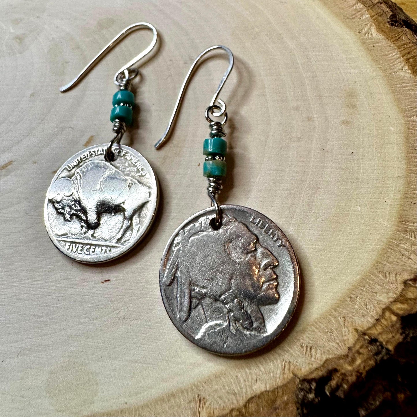 Southwestern Style Sterling Silver Earrings with Indian Buffalo Nickel and Turquoise