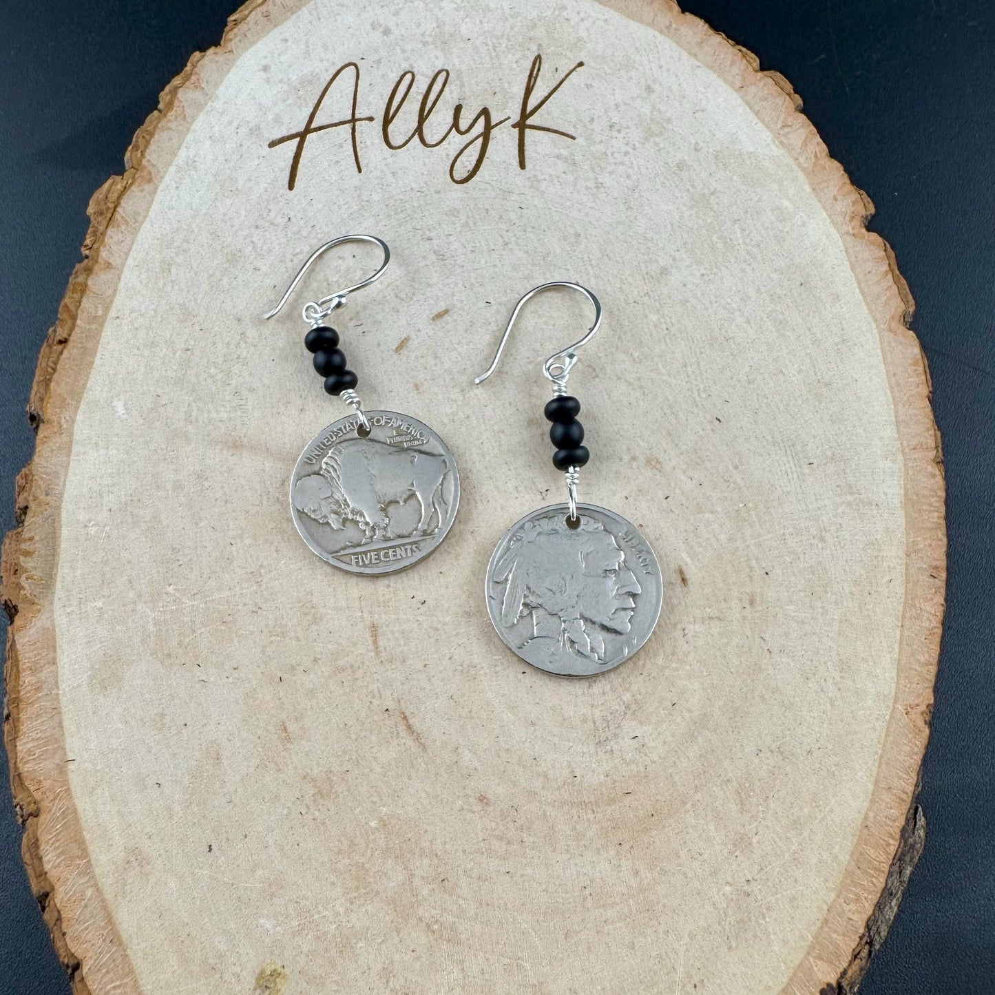 Southwestern Style Sterling Silver Earrings with Indian Buffalo Nickel and Onyx