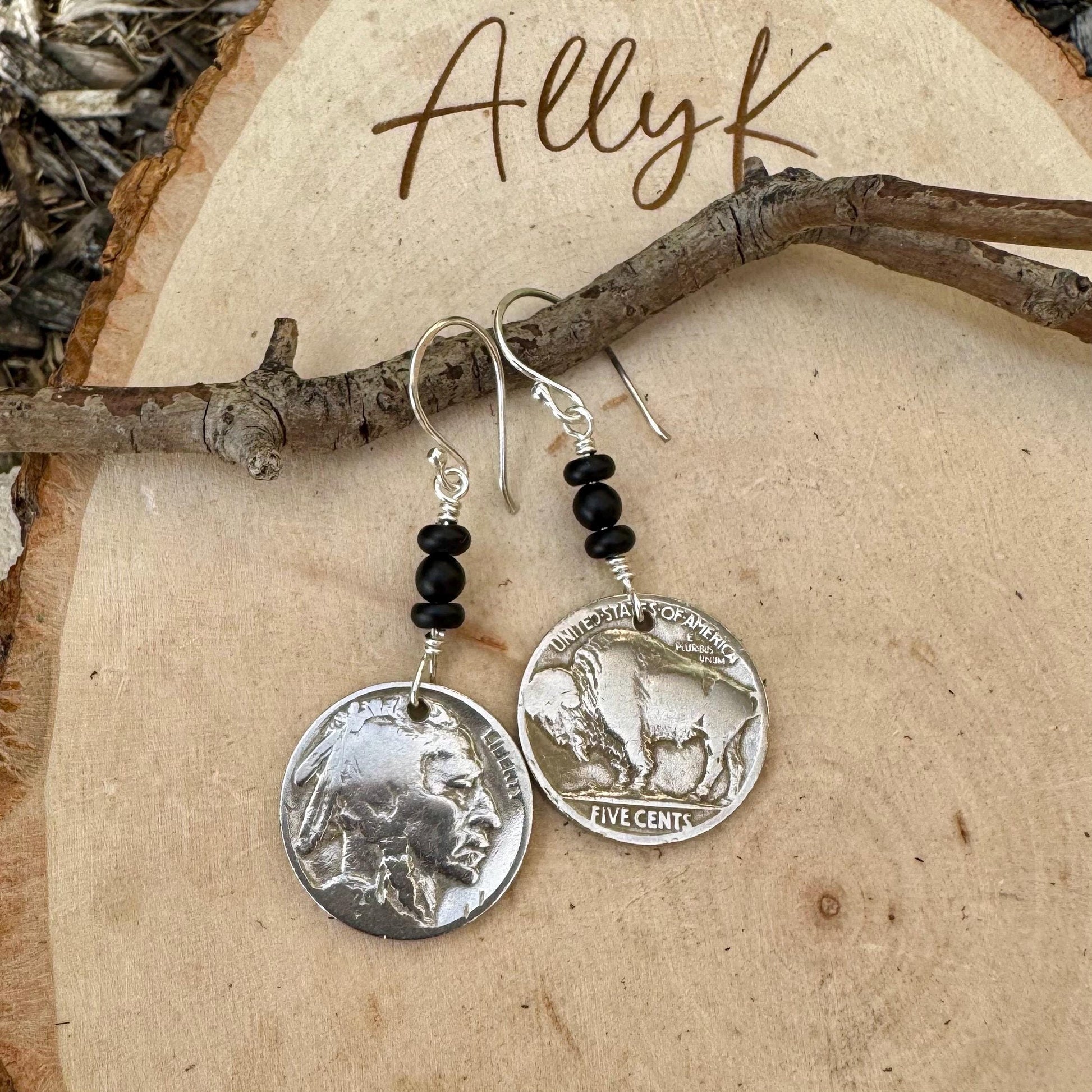 Southwestern Style Sterling Silver Earrings with Indian Buffalo Nickel and Onyx