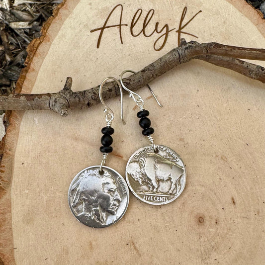 Southwestern Style Sterling Silver Earrings with Indian Buffalo Nickel and Onyx