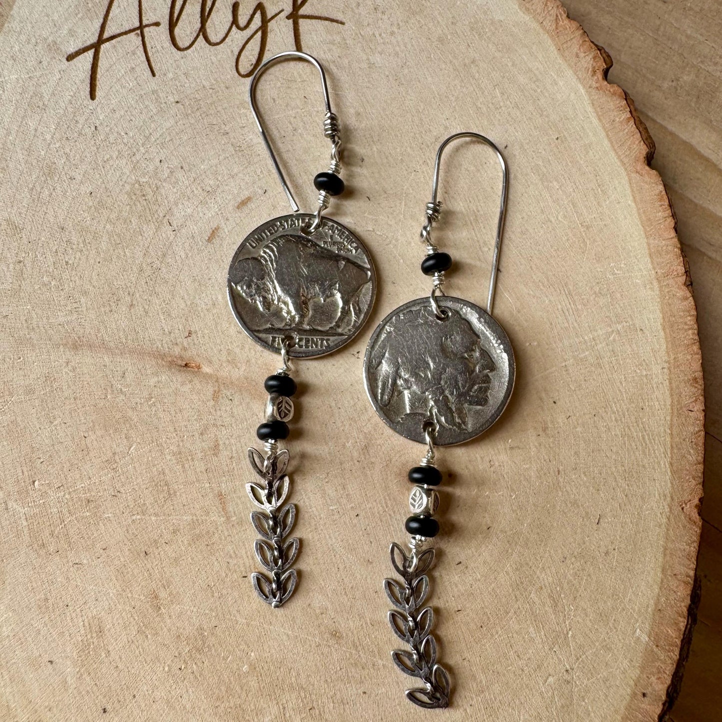 Vintage Indian Head Buffalo Nickel Earrings with Onyx Gemstones & Chevron Chain