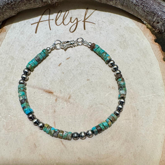 Boho Turquoise & Navajo Pearl Bracelet - Sterling Silver Beaded Jewelry