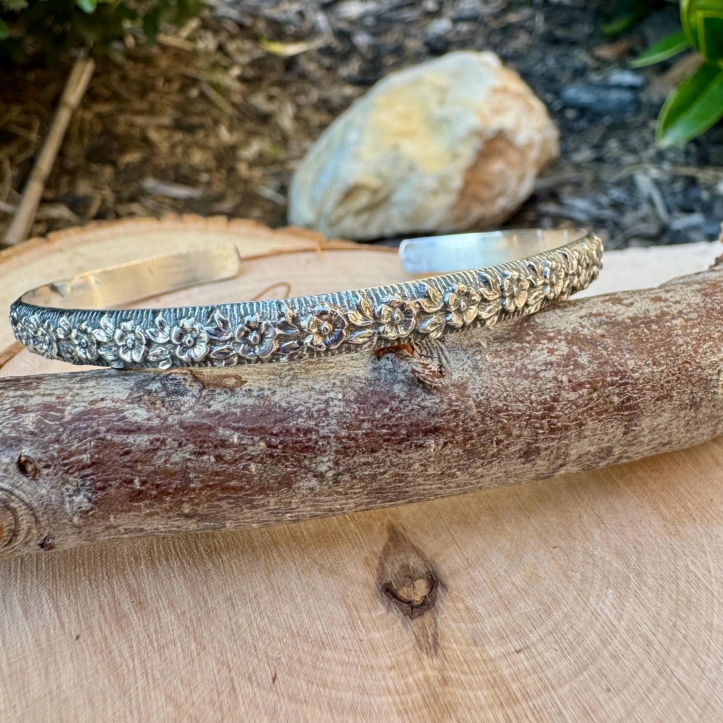 Sterling Silver Floral Bracelet, Nature Inspired Jewelry, Flower Cuff Bracelet