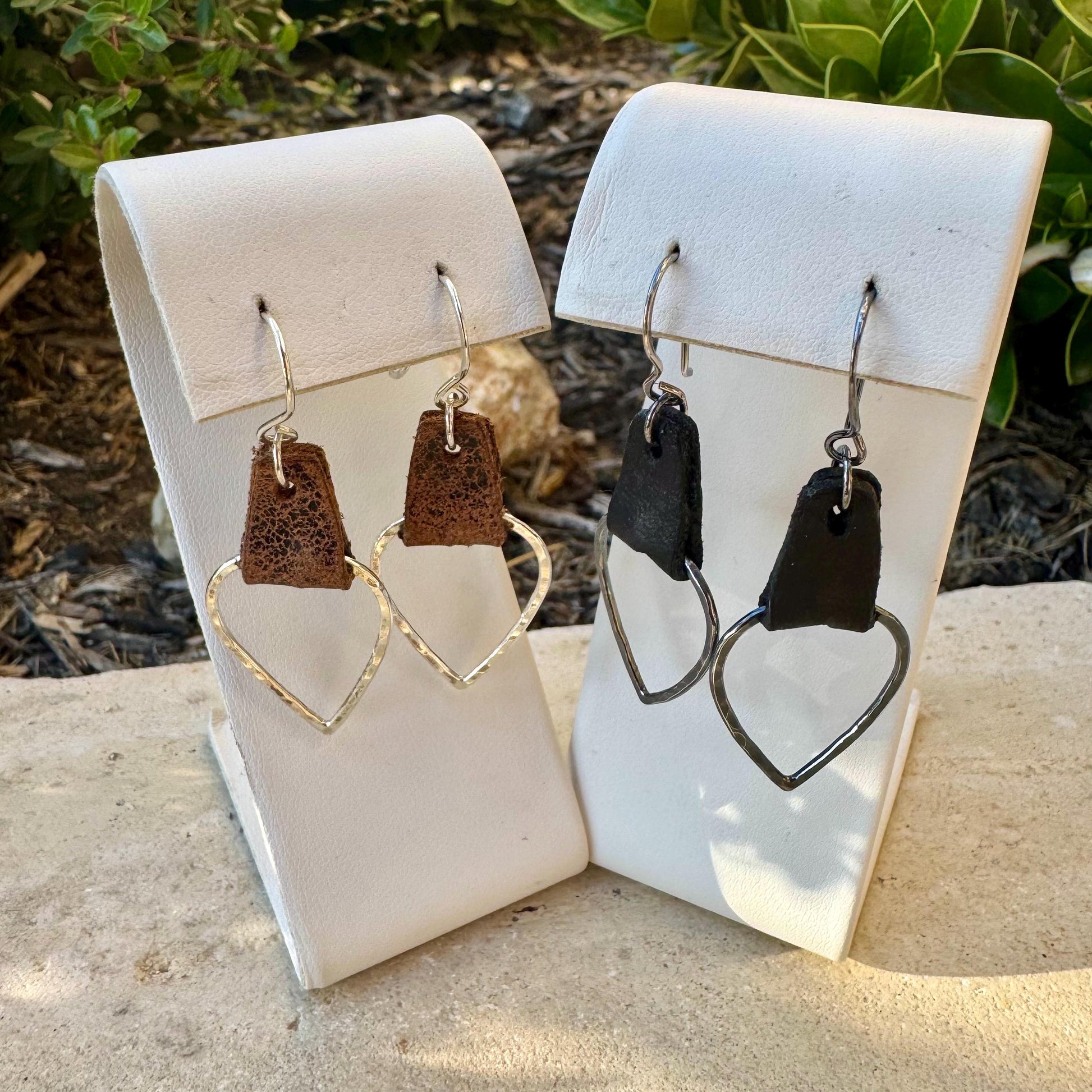 Leather Teardrop Earrings - Sterling Silver Hammered Design in Black or Dark Brown