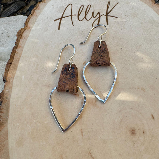 Leather Teardrop Earrings - Sterling Silver Hammered Design in Black or Dark Brown