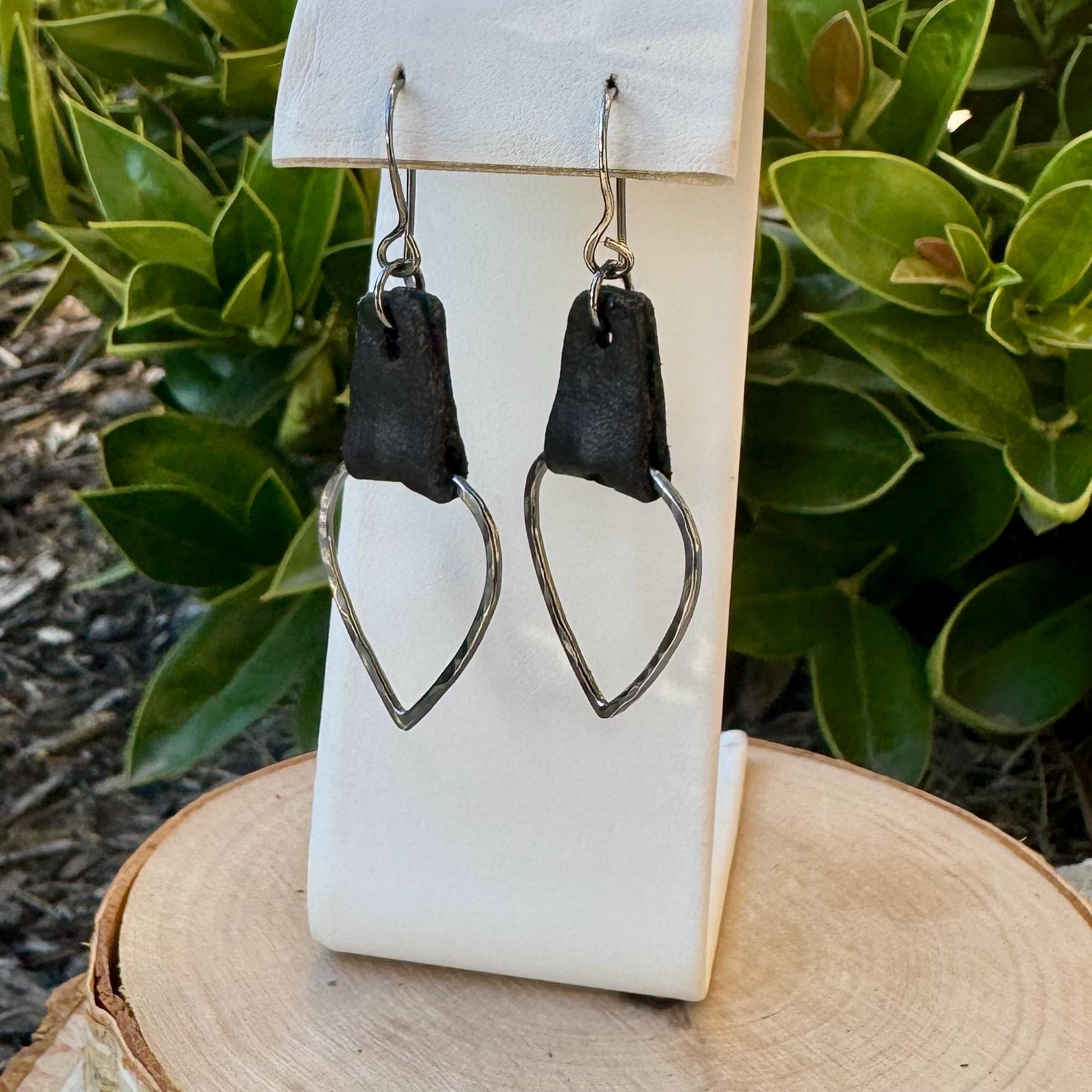 Leather Teardrop Earrings - Sterling Silver Hammered Design in Black or Dark Brown