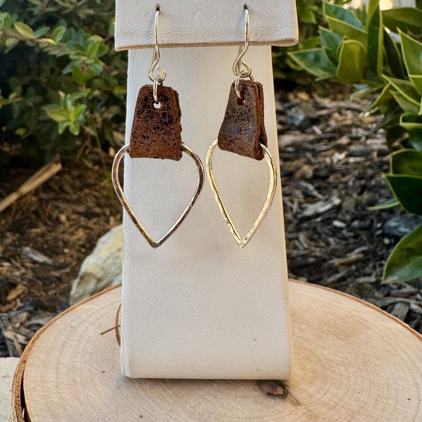 Leather Teardrop Earrings - Sterling Silver Hammered Design in Black or Dark Brown