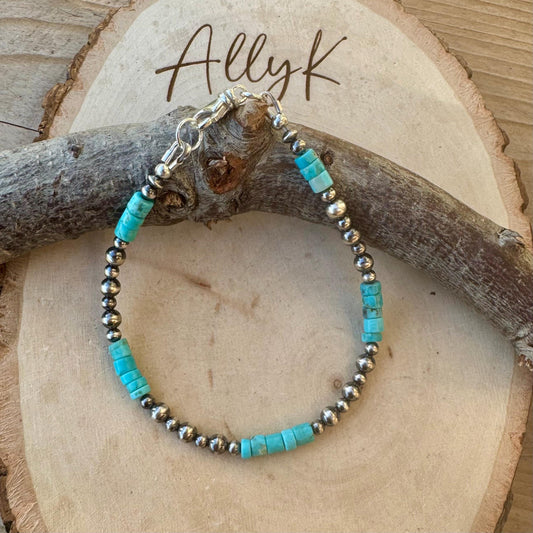 Southwestern Turquoise and Navajo Pearl Bracelet - Sterling Silver Desert Pearl Turquoise Bracelet