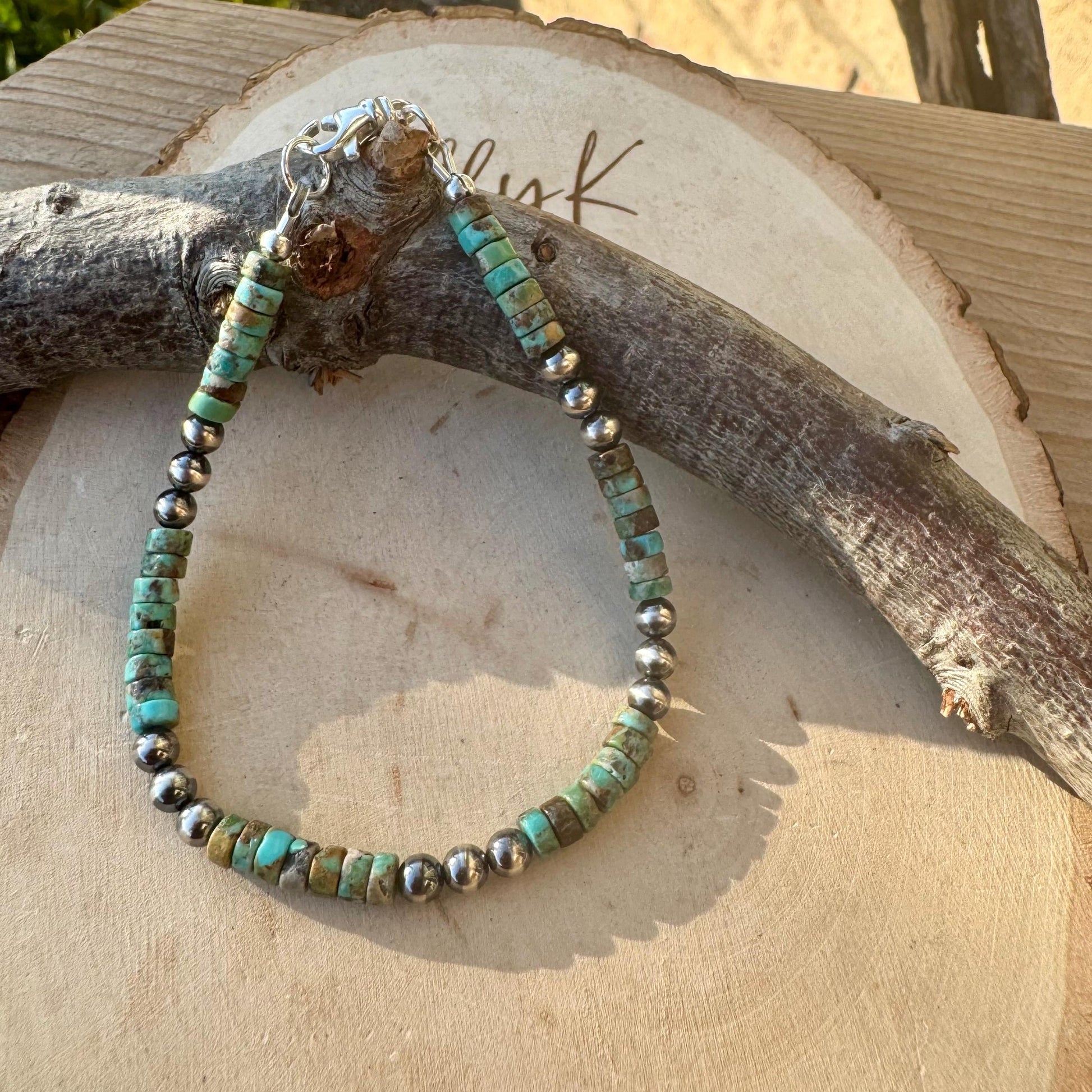 Boho Turquoise & Navajo Pearl Bracelet - Sterling Silver Beaded Jewelry