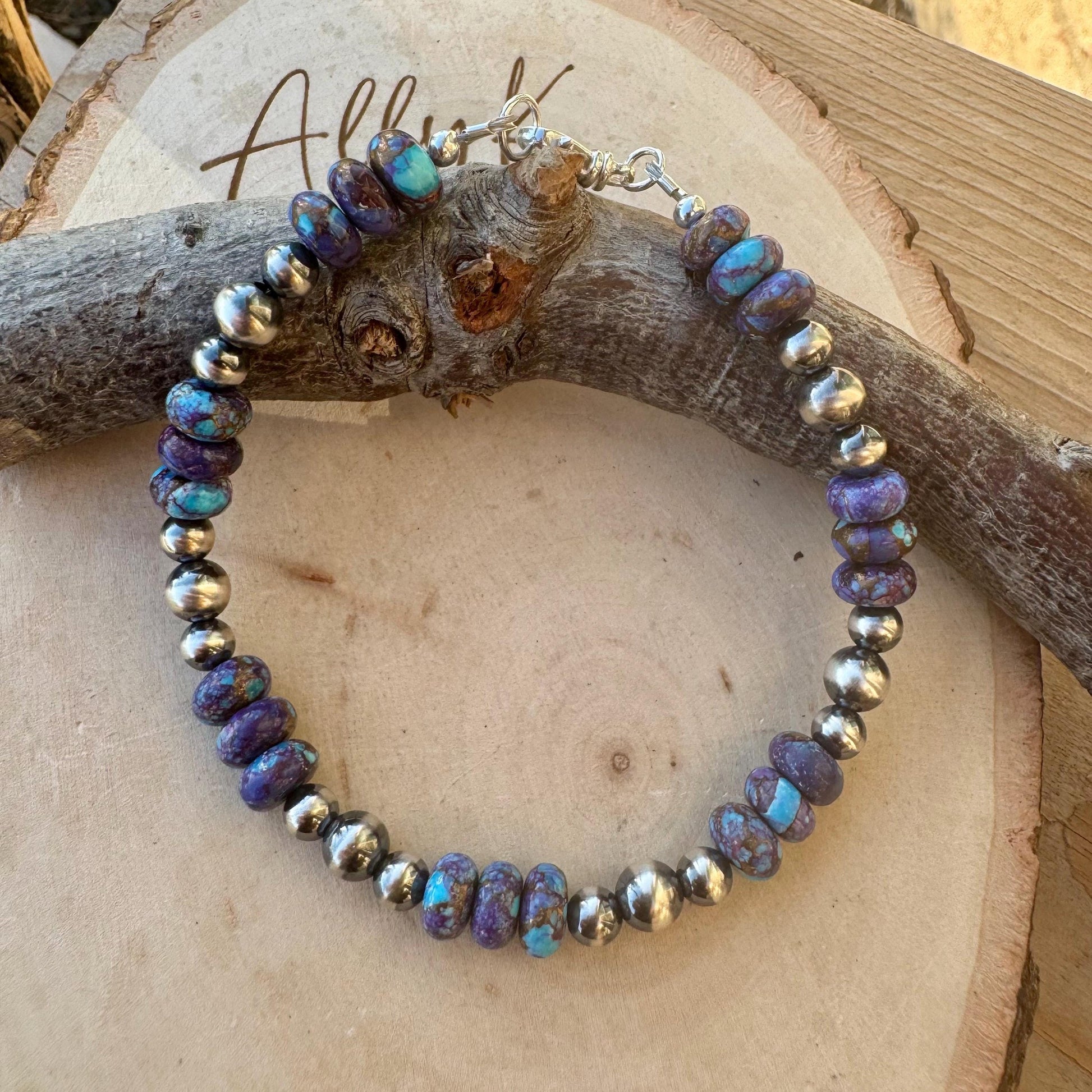 Sterling Silver Navajo Pearl & Spotted Purple Mohave Turquoise Bracelet
