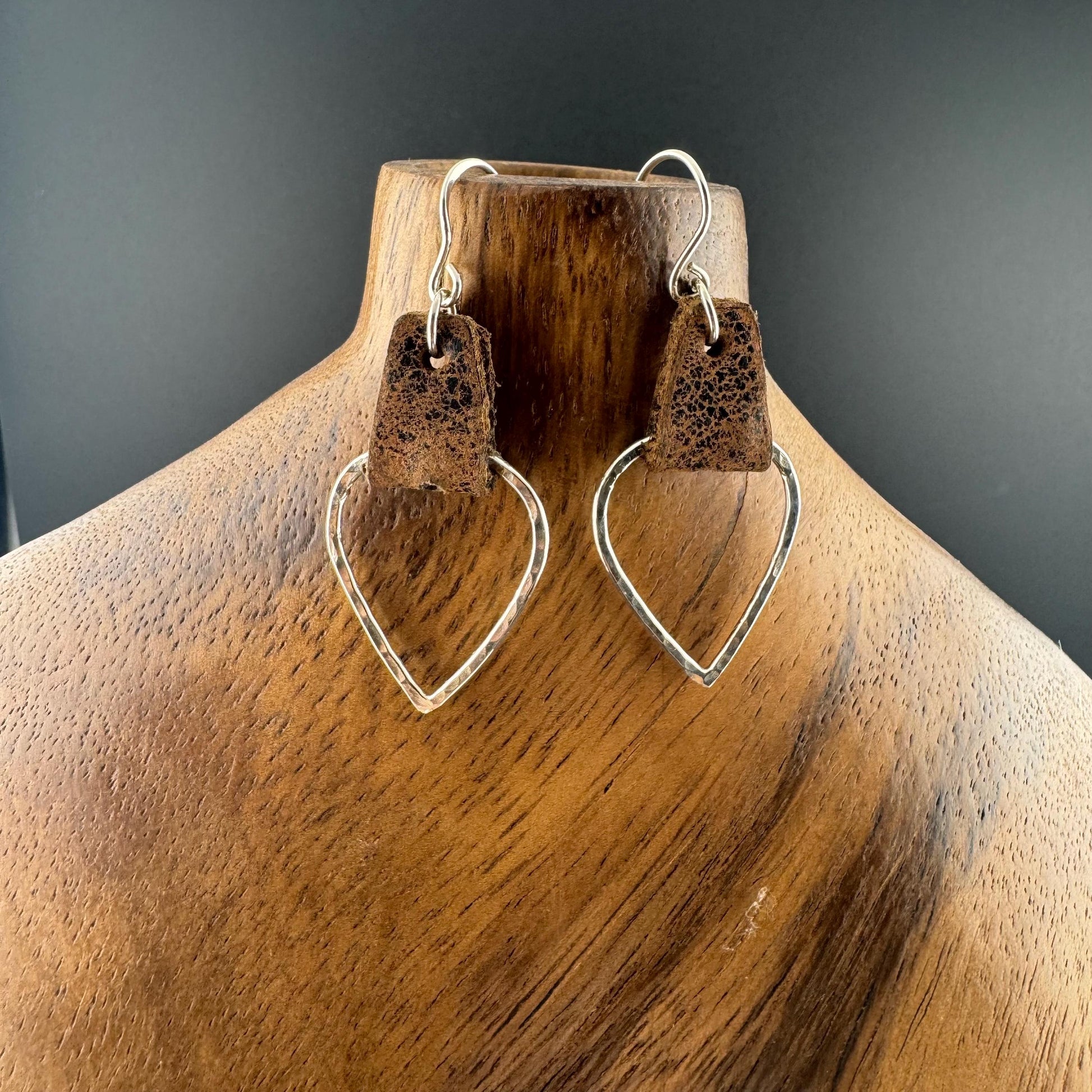 Leather Teardrop Earrings - Sterling Silver Hammered Design in Black or Dark Brown