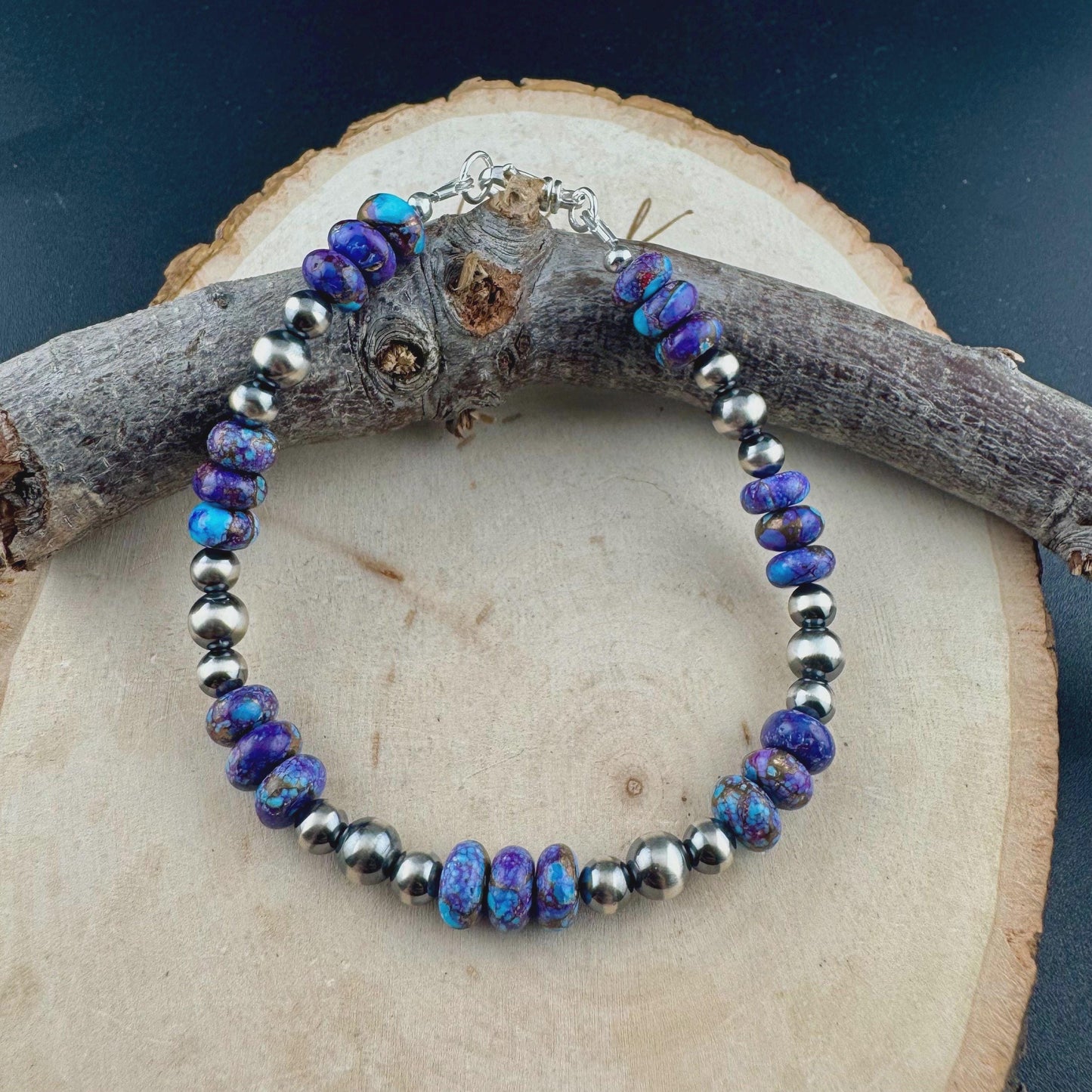 Sterling Silver Navajo Pearl & Spotted Purple Mohave Turquoise Bracelet