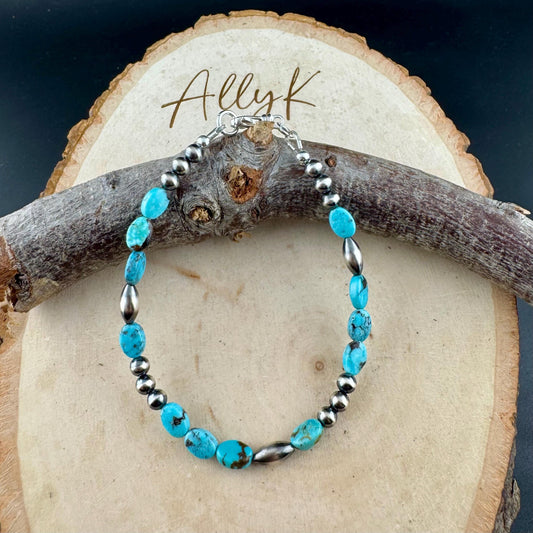 Royston Turquoise & Navajo Pearl Bracelet - Sterling Silver Gemstone Jewelry