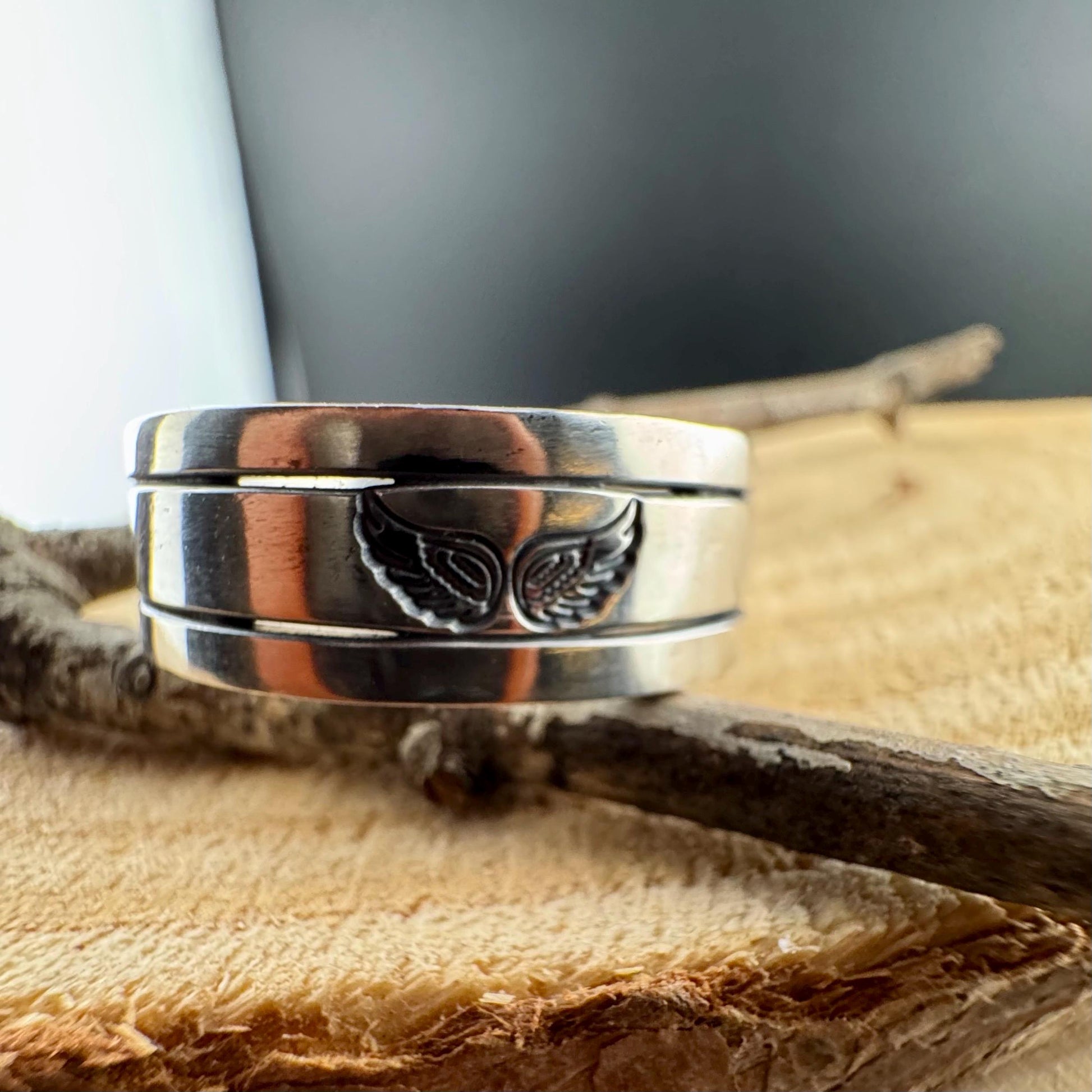 Sterling Silver 8mm Angel Wing Band Ring - Unique Men's Jewelry Gift