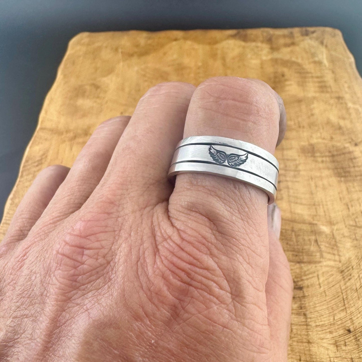 Sterling Silver 8mm Angel Wing Band Ring - Unique Men's Jewelry Gift