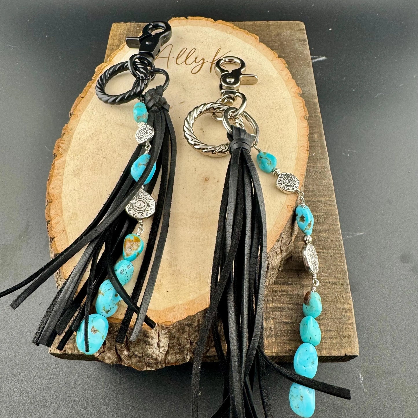 Tribal Sun Charm, Raw Turquoise Pebble Stone Purse Tassel, Southwestern Tassel, Turquoise Keychain, Leather Handbag Accessory