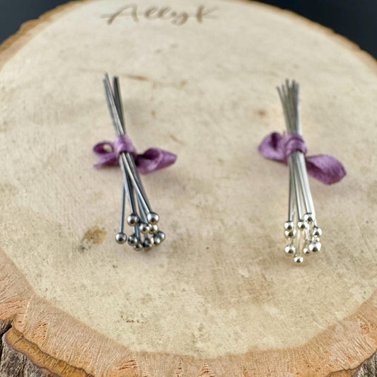 22 Gauge Argentium Silver Ball Headpins - 2 Inch, 10 Pack - Oxidized or Shiny Finish