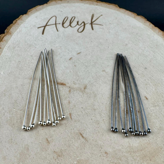 22 Gauge Argentium Silver Ball Headpins - 2 Inch, 10 Pack - Oxidized or Shiny Finish