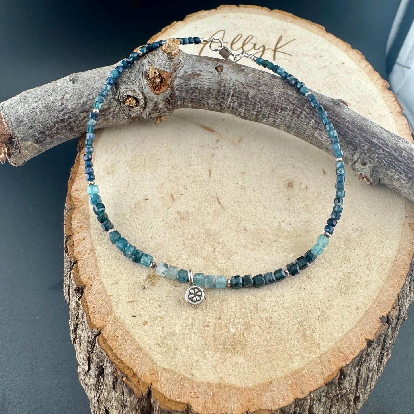 Sterling Silver Flower Charm Anklet with Paraiba Blue Tourmaline