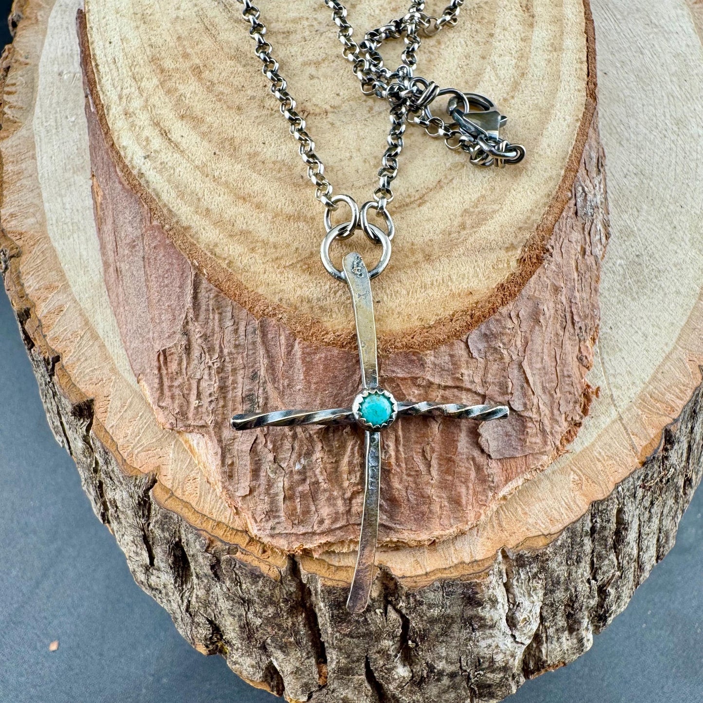 Sterling Silver Cross Pendant Necklace with Turquoise Gemstone Bezel Accent