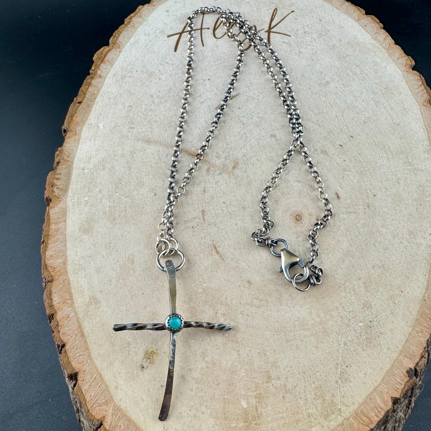 Sterling Silver Cross Pendant Necklace with Turquoise Gemstone Bezel Accent