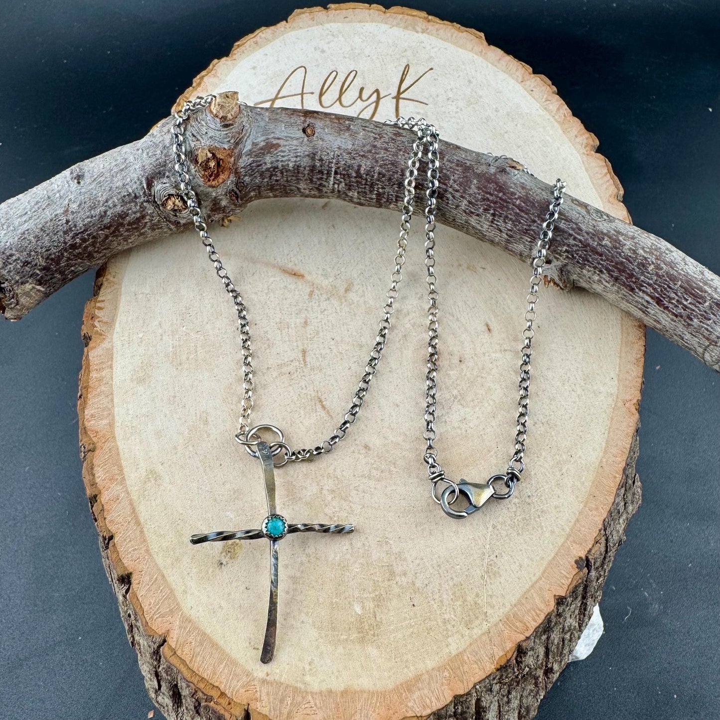 Sterling Silver Cross Pendant Necklace with Turquoise Gemstone Bezel Accent