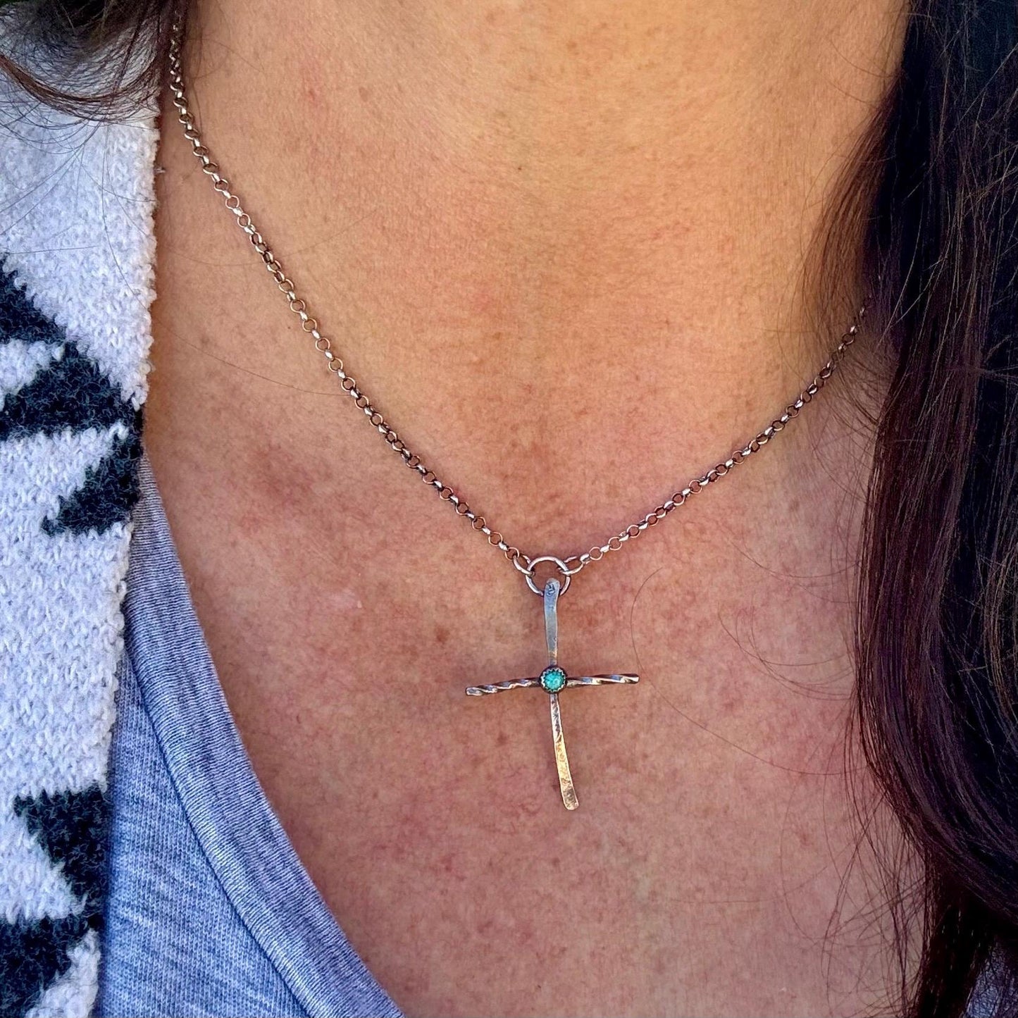 Sterling Silver Cross Pendant Necklace with Turquoise Gemstone Bezel Accent