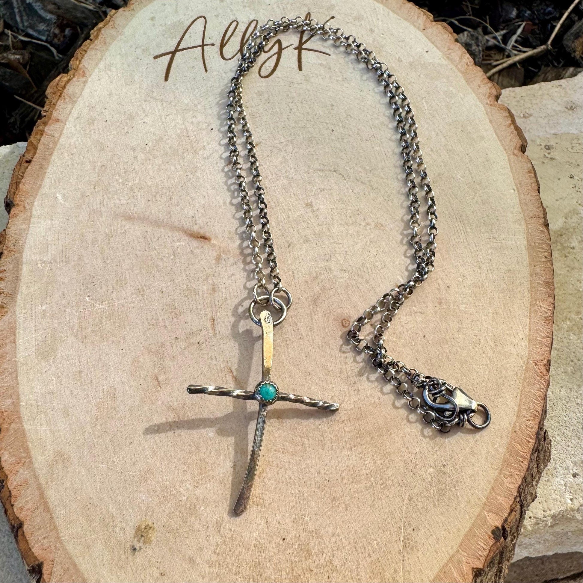 Sterling Silver Cross Pendant Necklace with Turquoise Gemstone Bezel Accent