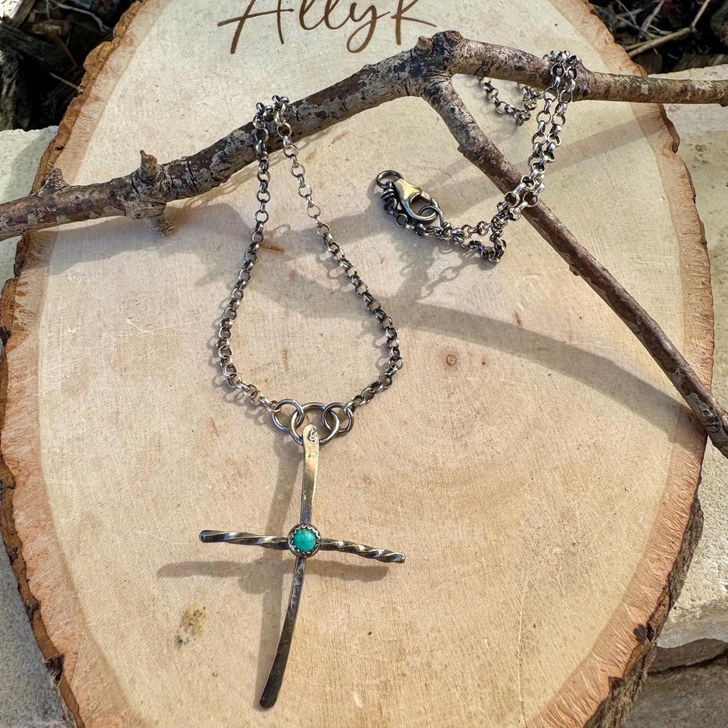 Sterling Silver Cross Pendant Necklace with Turquoise Gemstone Bezel Accent