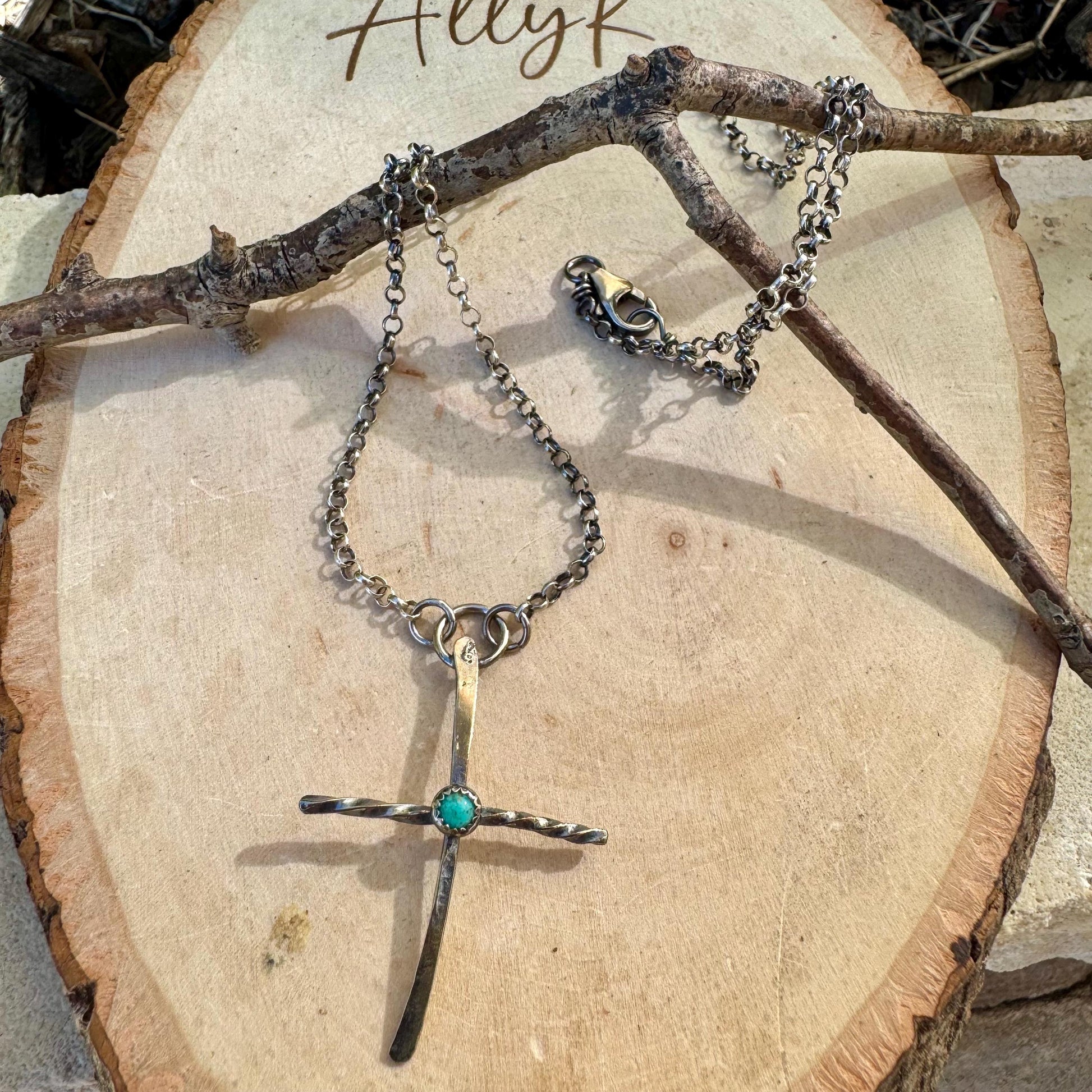 Sterling Silver Cross Pendant Necklace with Turquoise Gemstone Bezel Accent