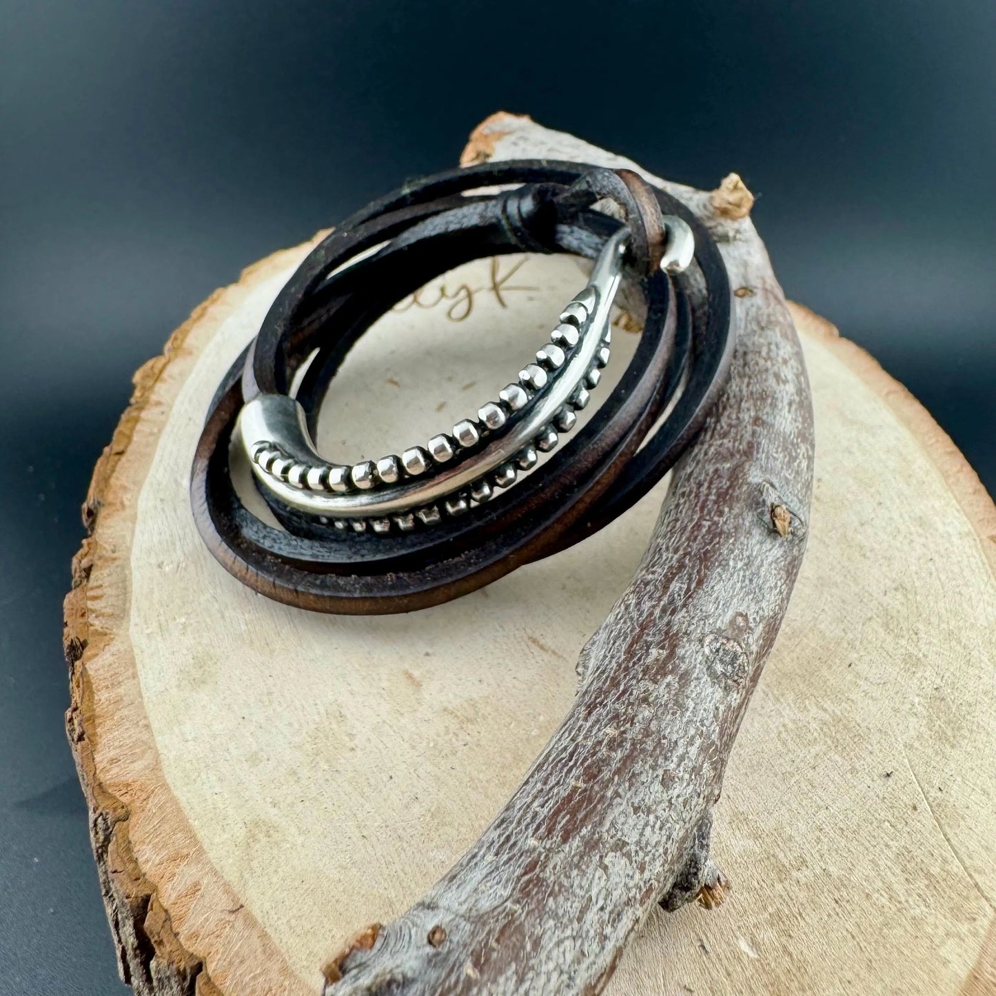 Silver Half Cuff & Square Leather Multi Wrap Bracelet | Artisan Jewelry