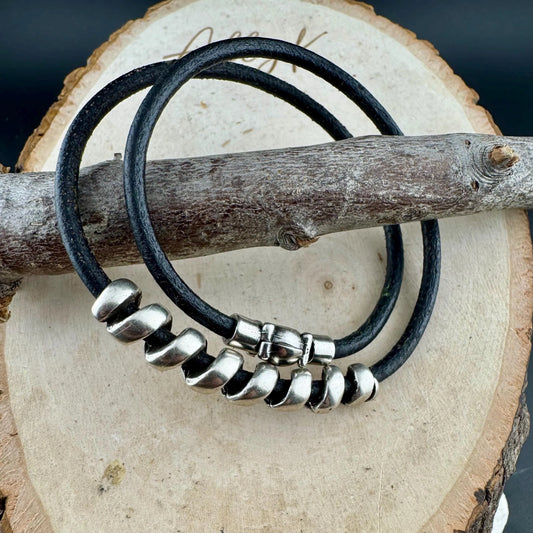 Leather bracelet with silver slider, magnet closure / wrap leather bracelet