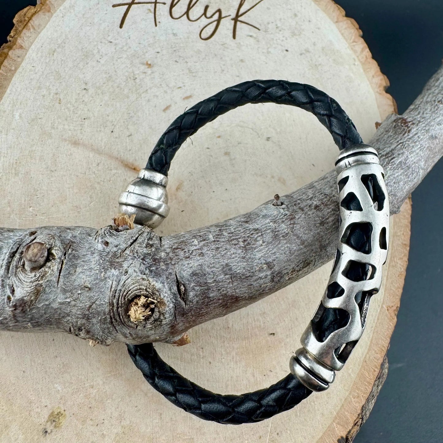 Braided Leather Bracelet with Silver Slider & Magnetic Clasp