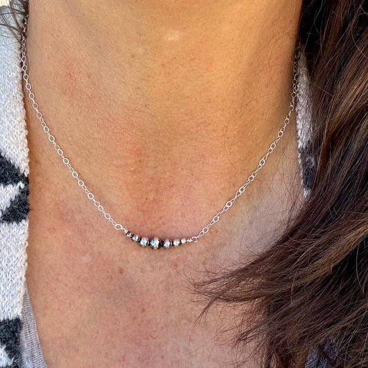 Sterling Silver Navajo Pearl Bar Choker | Dainty Southwestern Necklace | Shiny & Oxidized Chain