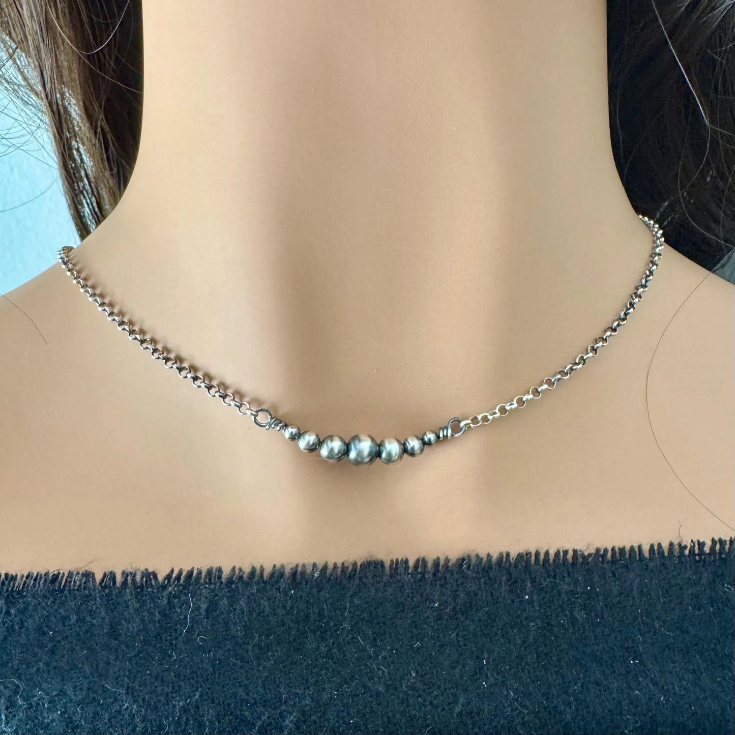 Sterling Silver Navajo Pearl Bar Choker | Dainty Southwestern Necklace | Shiny & Oxidized Chain